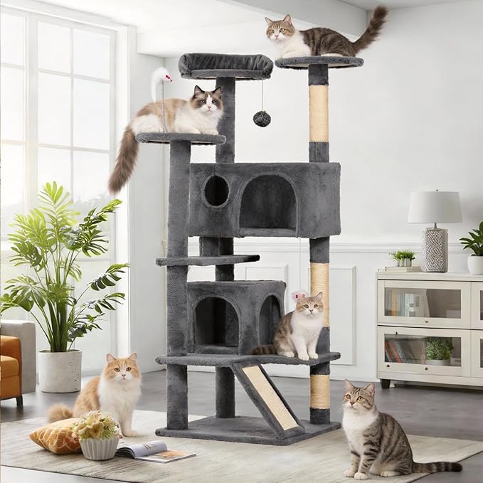 53in Cat Tree House with Scratching Post & 2 Caves for Indoor Cats
