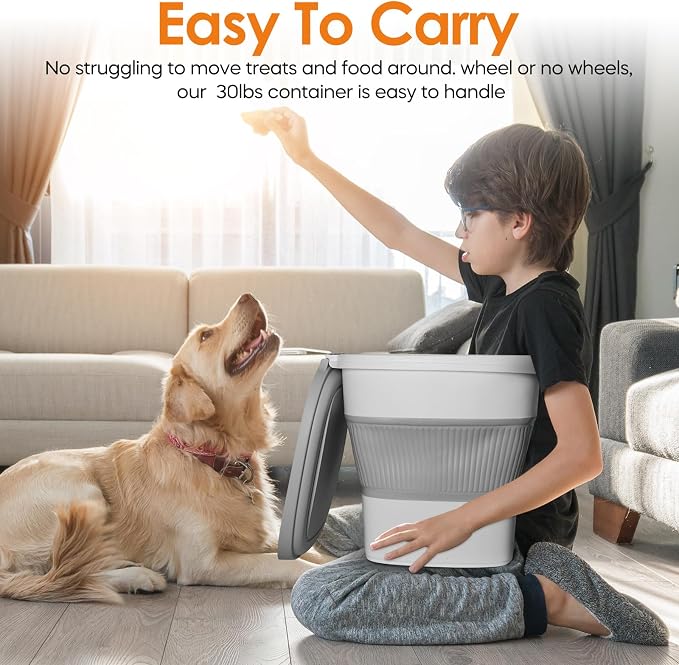 28-30lbs Collapsible Dog Food Storage Container,Airtight Dog Food Container | Pet Food Storage Container with Double Seal Lid,Wheels,Multifunctional for Dog,Cat,Rice,Flour,Scoop &Small Container