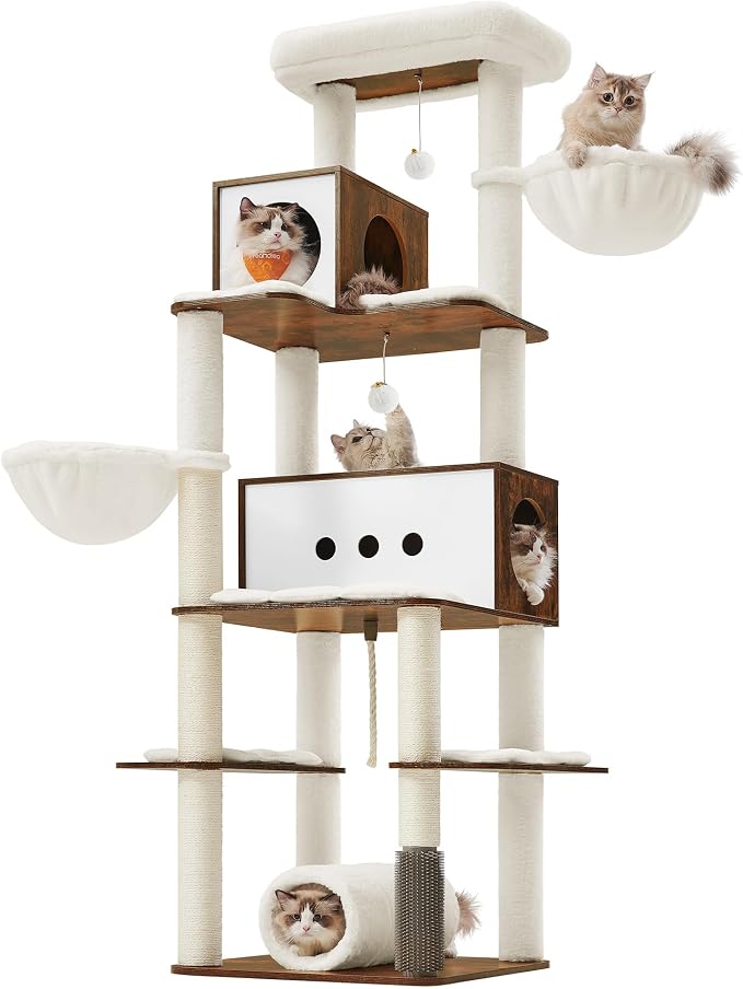 Feandrea Cat Tree, 75.6-Inch Modern Cat Tower, Tall Multi-Level Condo with 2 Caves, 2 Hammocks, 4 Scratching Posts, Self-Groomer, Tunnel, Perch, Rustic Brown UPCT193X01 | Tall Cat Tower, 4 Scratching Posts, Self-Groomer, Tunnel, Perch, Rustic Brown, CA...
