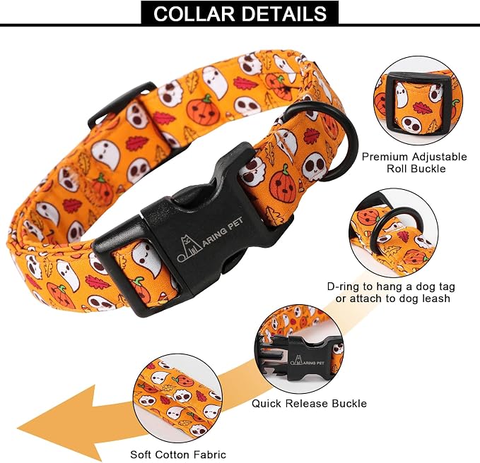 ARING PET Halloween Dog Collar, Cute Orange Ghost Pumpkin Leaves Cotton Lightweight Pet Collars with Quick Release Buckle for Puppy Small Medium Large Boy Girl Dogs-S