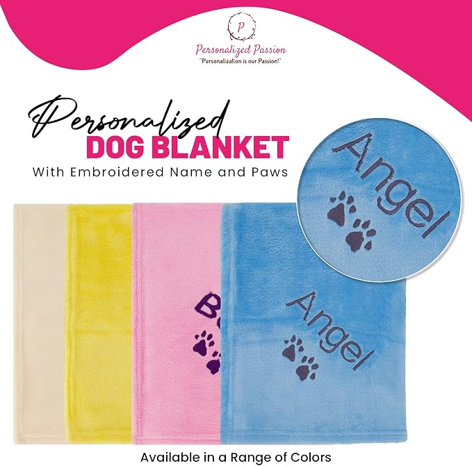 Personalized Passion Dog Blanket with Embroidered Name & Paws - Soft, Comfortable and Cozy for Bed, Couch, Car - Water Resistant Pet Fleece Blanket for Dogs and Cats - Blue - 28"x40"