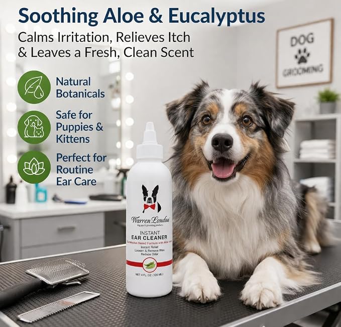 Warren London Ear Cleaner for Dogs & Cats 4 oz | Instant Aloe & Eucalyptus Ear Wash Solution – Cleans, Deodorizes, Soothes Itchy Ears, Prevents Wax & Odor | Puppy & Kitten Safe | Made in USA | 4oz