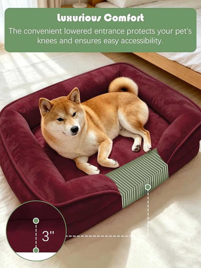 Spotted Play Orthopedic Dog Bed with Sides - Sofa Beds for Medium Dogs, Supportive Foam Pet Couch Bed with Washable Removable Cover, Waterproof Lining and Non-Slip Bottom, Burgundy - M