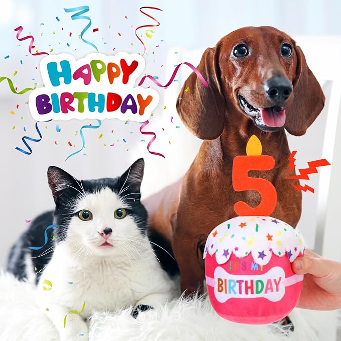 Dansydaisy Dog Birthday Cake Toy Squeaky Plush Toy for Girl Boy Gifts, Chew Accessories for Dog Birthday Party Decor Favor for Large, Medium and Small Dogs(5th,Pink)