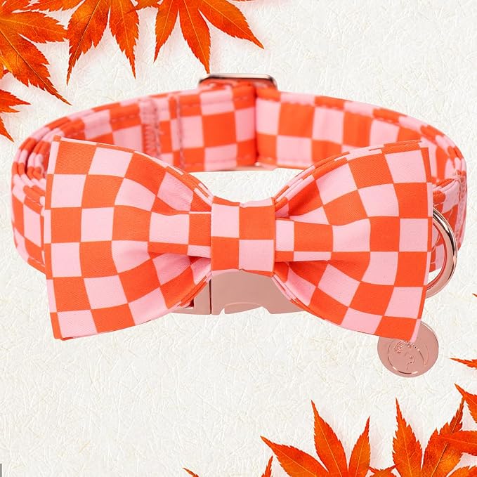 DOGWONG Orange Pink Plaid Dog Collar with Bow - Adjustable and Comfortable Autumn Dog Collar Fall Necklace for Large Medium Small Pet,XL