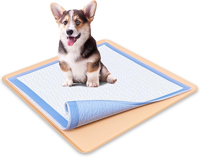 Skywin TidyFriend Travel Friendly Dog Pee Pad Holder Fits Up to 24” x 24” Wee Wee Pee Pads - Flexible Rollable Silicone Mat with Soft Edge - Quick Wipe & Potable Dog Pad Holder (Beige)