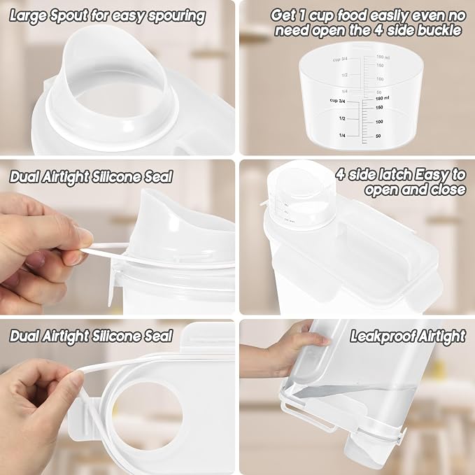 5Lbs Airtight Dog Cat Storage Container Portable with Upgraded Large Spout and Cup, Plastic Pet Food Dispenser for Small Animal Kibble, Bird Seed, Oatmeal, Rice, Flour, Brown Sugart-2 Pack Milky white