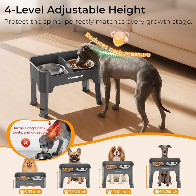 URPOWER Mess Proof Elevated Dog Bowls 4 Height Adjustable Raised Bowl Stand with 2 Stainless Steel Dog Bowls Non-Slip Food and Water Bowl Set for Small Dogs, Grey