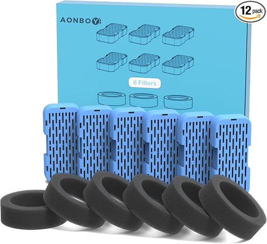 AONBOY Cat Fountain Filters Replacement: 6 Filters + 6 Cat Fountain Sponge, Suitable for AONBOY Pet Fountain S3-SC, Multiple Filtration, Isolates Floating Hairs and gets rid of Odors