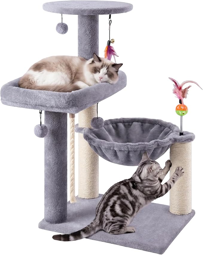 Multi-Level Cat Tree for Indoor Cats, Cat Tree Tower with Big Cat Hammock Indoor Climbing Activity Tower with Scratching Posts, Grey