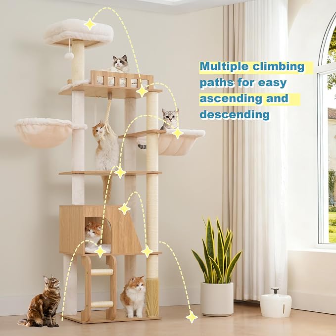 Hey-brother Wooden Cat Tree, Furniture Tower with Large Platforms, MPJ121BT | 69.7 inch, Modern Full Sisal Scratching Posts, Hammocks, Spacious Condo, Ladder, Brush, Water Proof Surface, White Oak