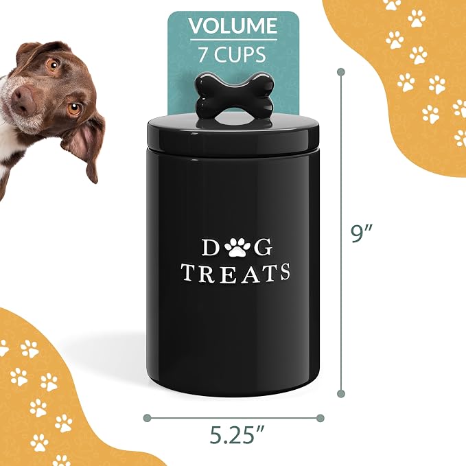 Barnyard Designs Large Dog Treat Container Airtight with Lid, Cute Rustic Ceramic Dog Treat Storage Jar for Kitchen Counter (Black)