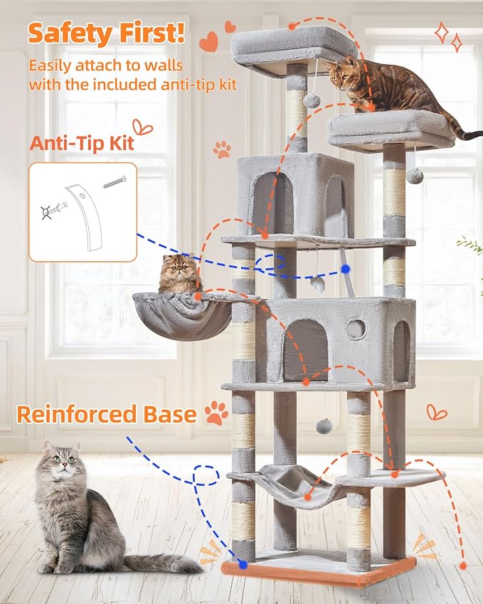Taoqimiao Large Cat Tree, 73 in Tall Cat Tower with 2 Plush Big Cat Condos | 9 Scratching Posts, 2 Top Perches, Cozy Hammock & Basket, Indoor Cats, 2 Pompoms & Mouse Toy, Light Gray, MS013XLW