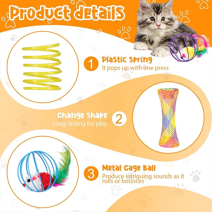 100 Pcs Cat Springs Toys Pack for Indoor Kitten Colorful Cat Supplies Include Interactive Plastic Spring Metal Cage Balls Rolling Mesh Tubes for Kitten Stray Cats to Play Hunt