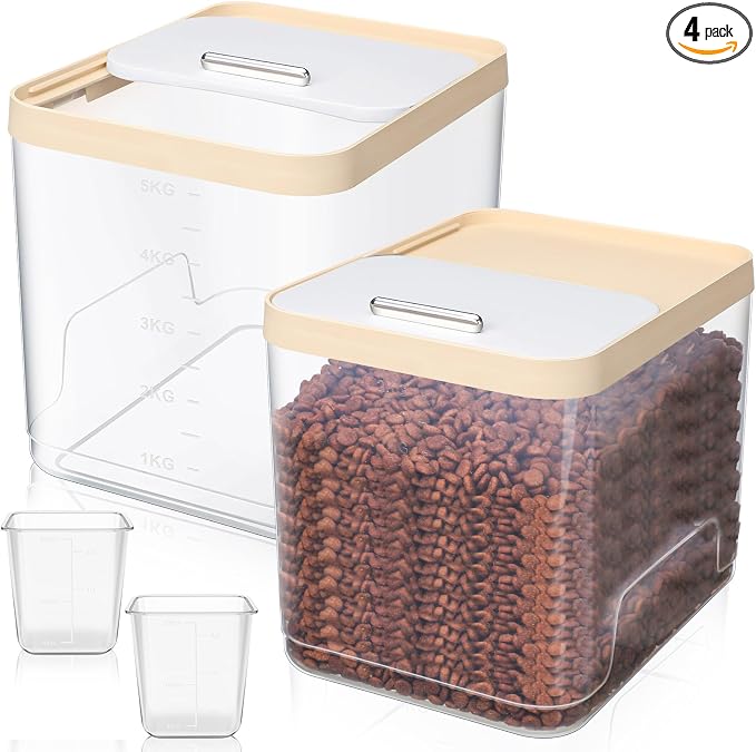 Teenyyou 2 Pack Airtight Dog Food Storage Container, Up to 10 Lbs, Pet Cat Food Container Clear Storage Bin with Measuring and 2 Scoops for Dog Cat Bird and Other Pet