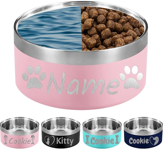 Personalized Dog Bowl Laser Engraved Custom Pet Name 18/32/42/64 oz No Slip Stainless Steel Insulated Bite-Resistant Food Water Dishes-Pink