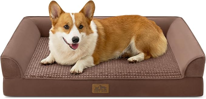 COZY KISS Orthopedic Large Dog Beds, Bolster Pet Couch with Waterproof Lining, Egg Crate Foam Sofa for Pets Up to 65 lbs, U-Shaped, 36x27x6.5 inch, Brown