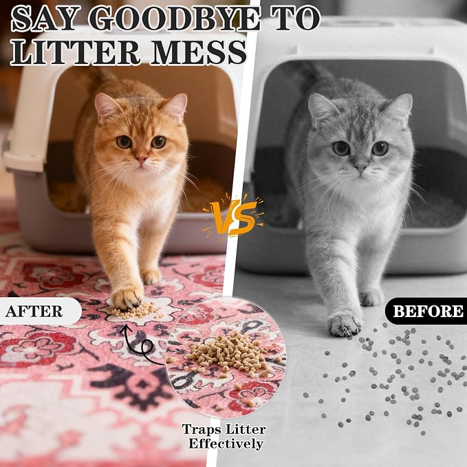 EXPAWLORER Cat Litter Mat, 20”x32” Small Non-Slip Urine Waterproof Litter Trapping Mat Easy to Clean Washable Litter Box Mat for Floor Soft on Kitty Paws, Indoor Food Mats Rug Pads for Bathroom Pink