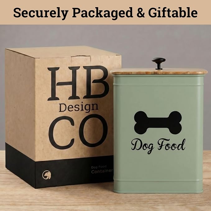 Dog Food Container Airtight Bamboo Lid 5-7 lb, 25 Cups, Sturdy Metal Handle | Pet Jar For Dogs up to 50lbs, Airtight Bamboo Lid, Sturdy Comfortable Metal Handle, Powder Coated Iron, Kibble Storage Bin