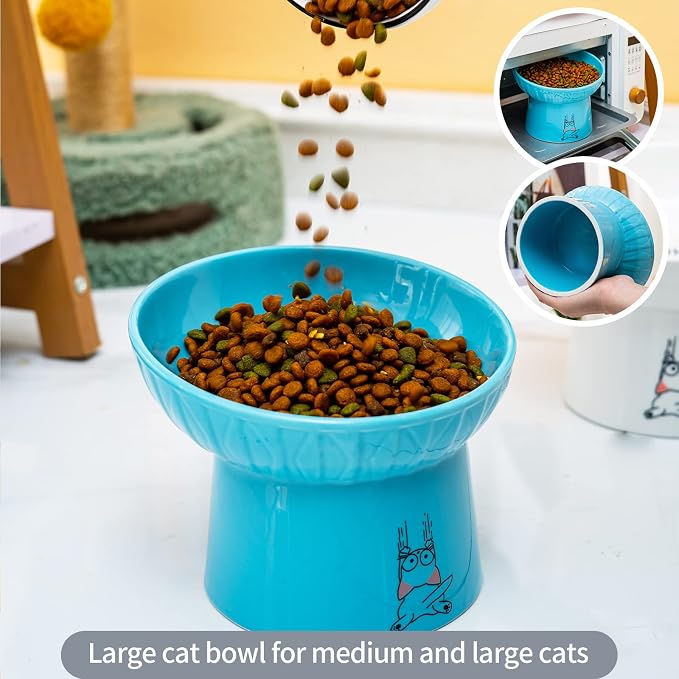 6.5 Inch Wide Ceramic Raised Cat Bowls, Tilted Elevated Cat Food Bowl Set | Prevent Neck, Whisker Fatigue, Anti Vomit, for Elder Big Cats & Small Dogs, Dishwasher and Microwave Safe, 2 Pack