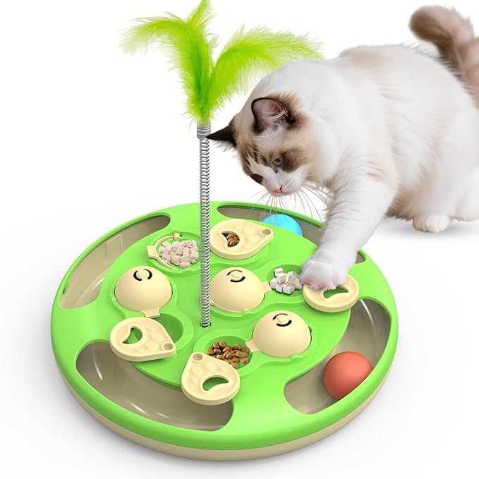 3 in 1 Cat Treat Puzzle Feeder, Level 3 Interactive Cat Puzzle Toy with Track Balls, Feather Teaser & Slow Feeder Insert, Non-Slip Base, Mental Stimulation for Bored Indoor Cats, Green