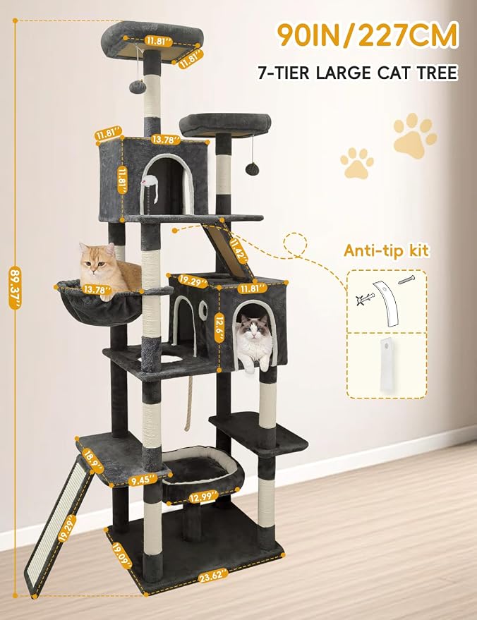 89 inch Cat Tree Tower - Extra Tall Multi-Level Cat Furniture with 2 Cozy Condos, Natural Sisal Scratching Posts, Plush Perches and Hammock for Large Indoor Cats (Black)