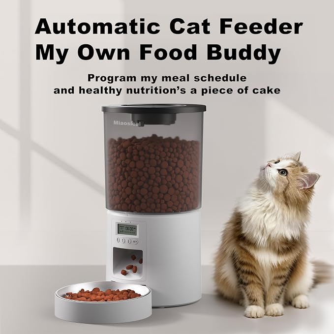 Automated Cat Feeder,Clear 4.2L Dry Food Dispenser with Single Bowl,Programmable Timed Pet Feeder for Up to 6 Daily Meals,10-Second Voice Message & Dual Power Backup (White, 4.2L Press Version)