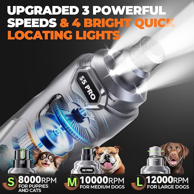 Whisper Quiet Dog Nail Grinder Safe & Stress-Free for Sensitive Dogs Cats | 4 LED Lights,3 Grinding Bits, 3-Speed, Pet Nail Trimmers, Rechargeable Painless Grooming Kit for All Breeds & Sizes