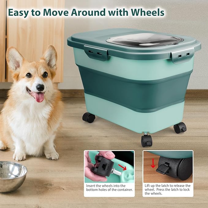 Viretec Dog Food Storage Container, 10-20Lbs Collapsible Pet Food Storage Containers with Rolling Wheel Airtight Locking Lid, Dry Food Storage Bin with Cup and Scoop,Suitable for Pet Food, Flour, Rice