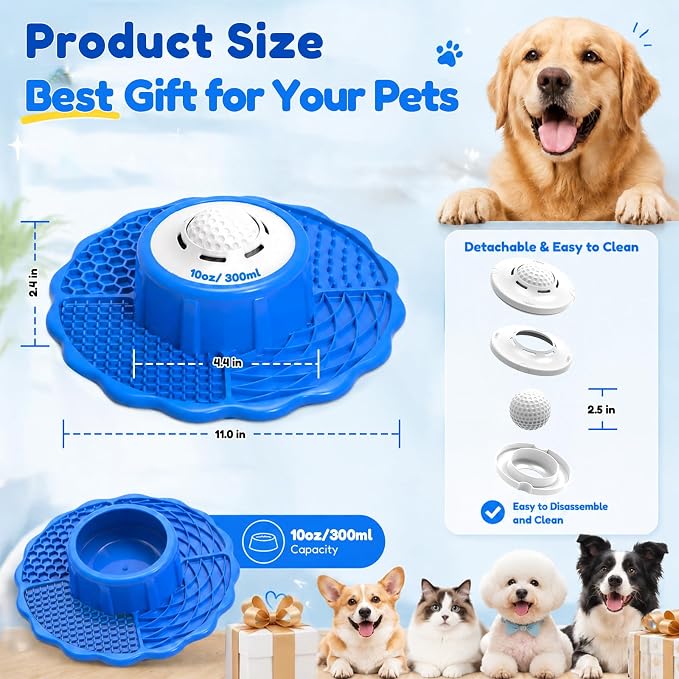 3-in-1 Slow Feeder Dog Bowl with Rolling Ball & Lick Mat for Dogs and Cats, 10oz Capacity, Helps Slow Eating & Calm Feeding & Mental Enrichment, for Indoor & Outdoor Use
