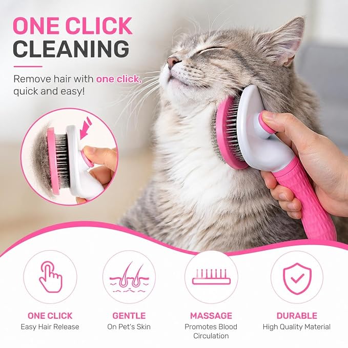 Pet Grooming Deshedding Brush, Self-Cleaning Massaging Brush for Dogs and Cats, Short and Long Hair (Pink)