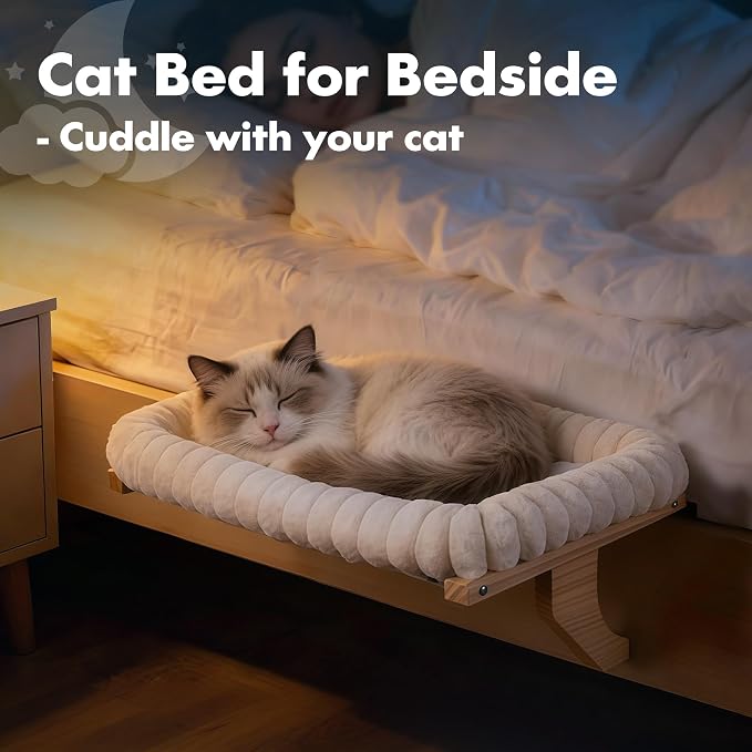 Zoratoo Cloud-Soft Wooden Cat Window Sill Perch with Zipper Cushion,L White | 24.4’’x18’’, Removable for Machine Wash, Fluffy Plush Bolster, Sturdy Metal Frame for Large Cats up to 40lbs, Easy to Adjust
