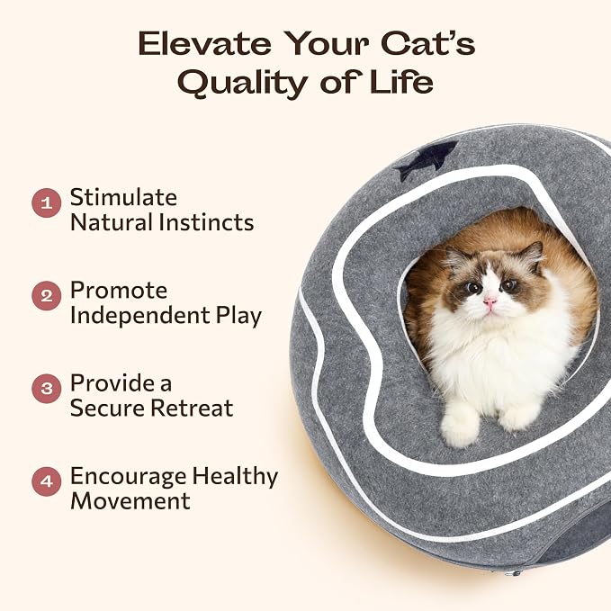 Peekaboo Cat Cave Donut - Cat Tunnel Bed for Indoor Cats – Cute Patterns Hideaway for Multiple & Large Cats, Scratch-Resistant (Dark Gray)