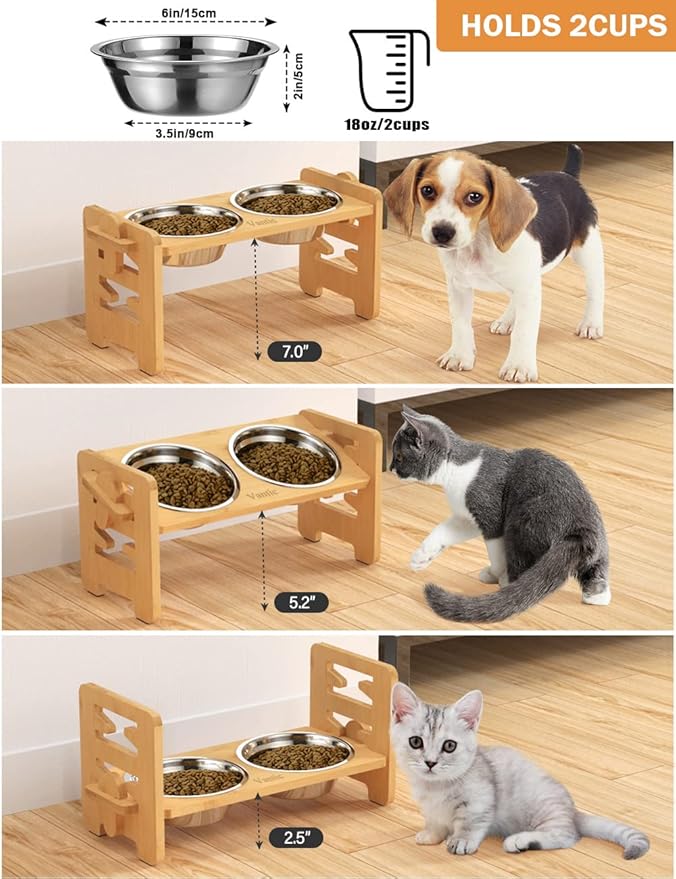 Elevated Dog Bowls, Raised Dog Bowl Stand Adjustable Small, Natural | Bamboo Elevated Feeder with 2 Stainless Steel Bowls, Adjustable Height Stand for Small Puppies and Cats