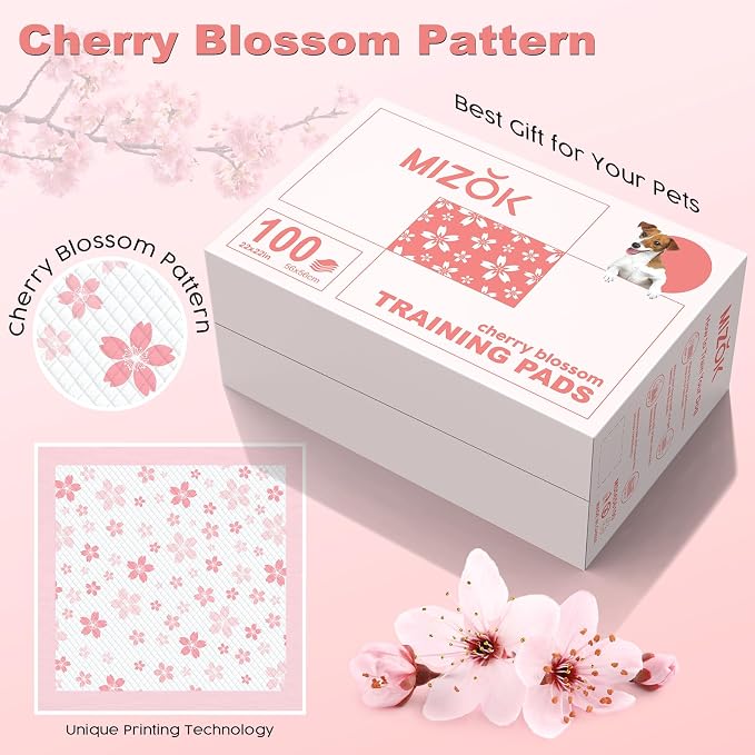 MIZOK Puppy Pads Pink 22x22in, Ultra Absorbent Wee Wee Pads with Pheromone Attractant, Decorative Cherry Blossom 6-Layer Leak-Proof Potty Training Pads, Disposable (100 Count)