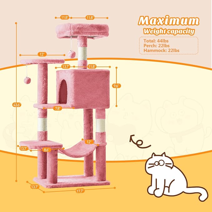 44 Inch Small Cat Tree Tower for Indoor Cats and Kittens | Multi-Level Cat Climbing Tower with Natural Sisal Scratching Post and Hammock, Pet Condo, Pink
