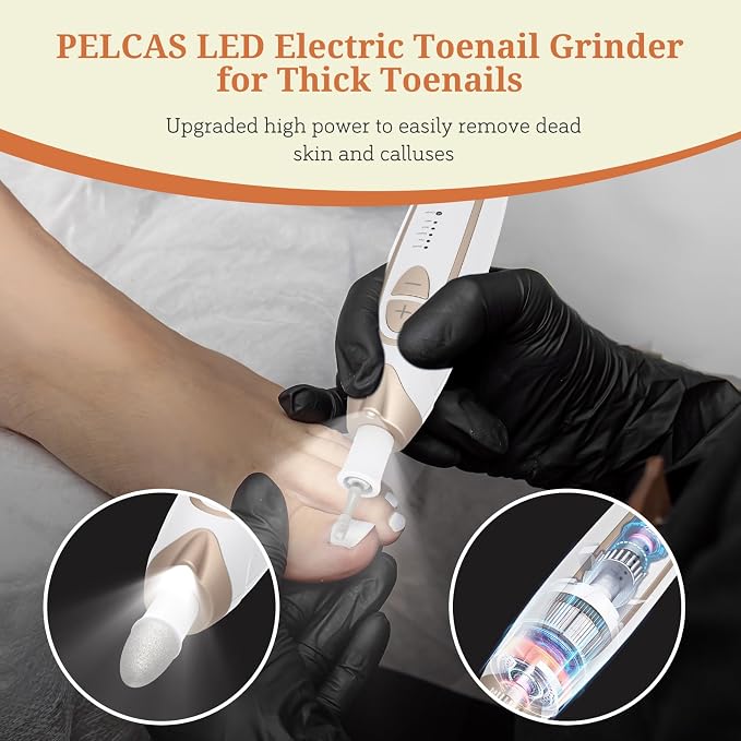 PELCAS Electric Toenail Grinder for Thick Toenails, 5 Speeds & LED Light | Manicure and Pedicure Kit, Cordless Nail Drill, Electric Nail File for Human, Pet, Thick Toenails, Natural & Acrylic Nails