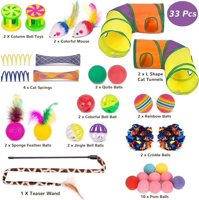 Retro Shaw 33 Pack Cat Tunnel Toy Set for Indoor Cats Kittens, Solves Boredom & Anxiety with 2 Collapsible Tunnels Interactive Feather Wand Springs Balls Crinkle Toys Mice