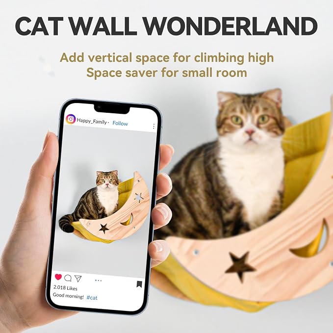 Wall Cat Bed Moon Hammock Wall Mounted Shelf with 2 Steps Climbing Sheves and Sisal Platforms Rope Scratching Post Wood Wall Furniture Bridge Ladder Wooden Indoor Cats Wall Bed-Moon Set