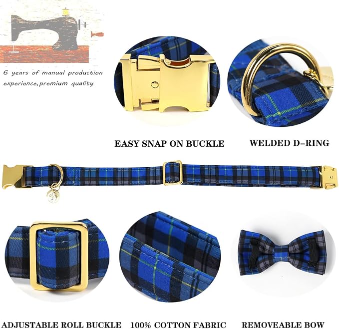 DOGWONG Christmas Dog Collar with Bow Tie, Blue Plaid Dog Collar Durable Metal Buckle Adjustable Soft & Cute Blue Checkered Dogs Collars for Small Medium Large Dogs, XS