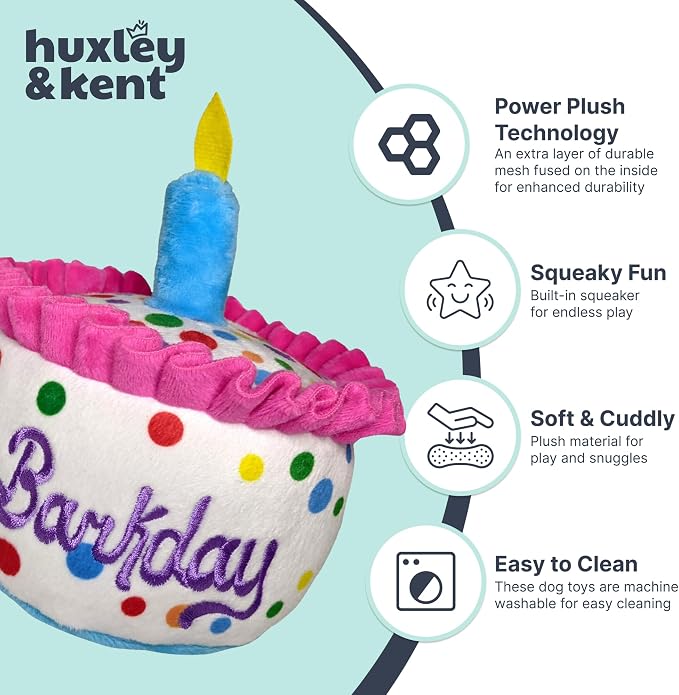 Huxley & Kent Funny Dog Toy w/Squeaker – Power Plush Squeaky Dog Toys for Small, Medium & Large Dogs – Soft Stuffed Animal for Indoor Play & Fetch - Happy Barkday Cake, Small