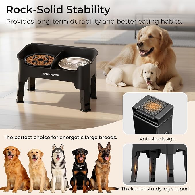URPOWER Mess Proof Elevated Dog Bowls, High Wall Splash Guard Design, 4 Height Adjustable Raised Bowl Stand with Stainless Steel & Slow Feeder Bowl, Non-Slip Food Water Set for Small Medium Large Dogs