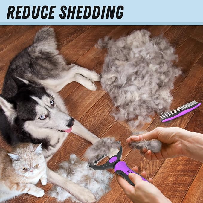 Docrok Pet Grooming Brush and Metal Comb Combo - Undercoat Rake for Dematting and Deshedding Long Matted Haired Dogs and Cats, Purple