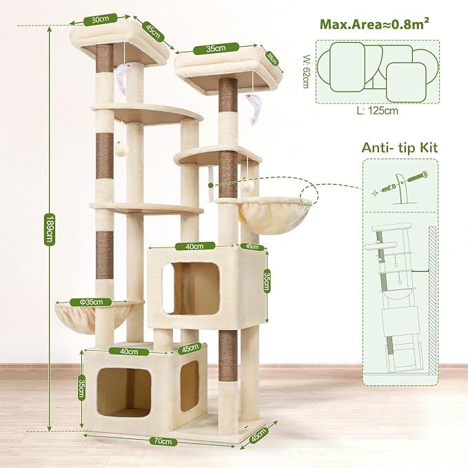 Globlazer S74E Pro Heavy Duty Maine Coon Cat Tree for Large Cats, Beige | 74in Sturdy Multi-Level Tall Cat Tree Tower for Indoor Adult Cats with Scratching Posts, 2 Cat Condos, 2 Top Perches