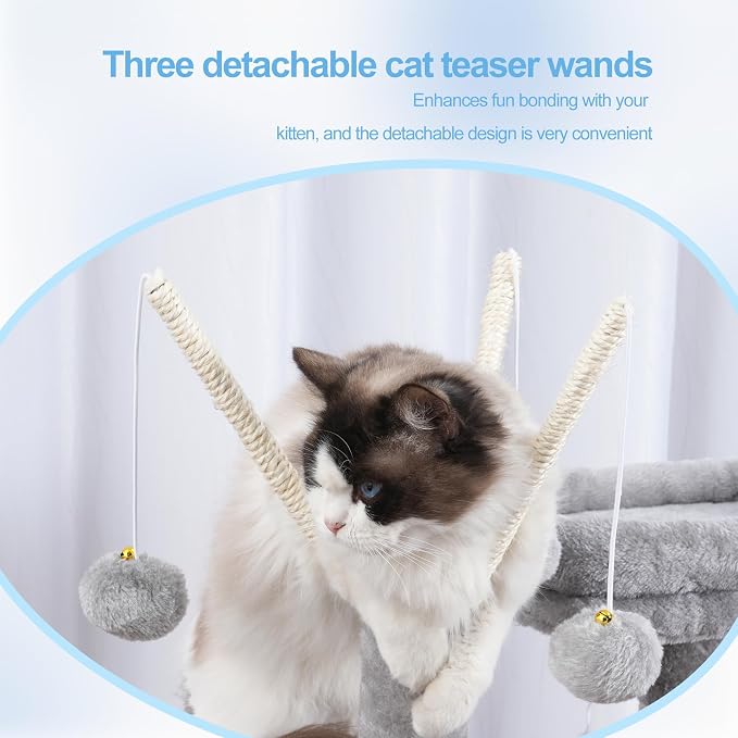 Hey-brother Cat Tree Tower with Removable Toys, Scratching Posts, MPJ008SW | 41.3 Inches Plush Cozy Condo with Platform, Hammock, Sisal Scratch Board and Ball for Indoor Cats, Light Gray