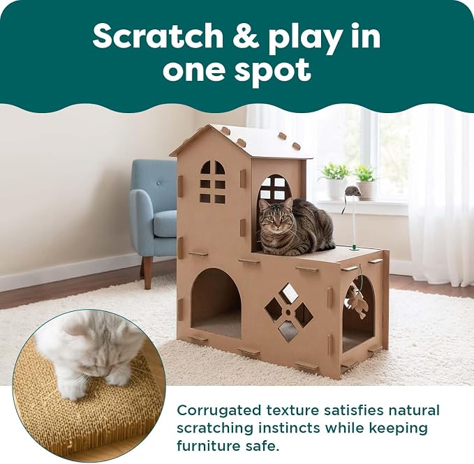 FurHaven Townhouse Multi-Level Cardboard Cat House for Indoor Cats with Catnip & Toys, Double-Walled Corrugated Scratcher Designed for Lounging, Play & Comfort, One Size, Cardboard, Brown