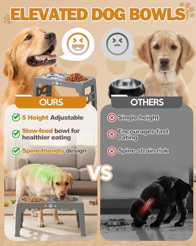 Jovrun Elevated Dog Bowls for Medium Large Dogs with Mat, Non-Slip Dog Feeder with 1*Stainless Steel Dishes & 1*Slow Feeder Bowl, 5 Heights Adjustable Raised Bowls for 3.15″-8.66″-9.84″-11.02″-12.2″