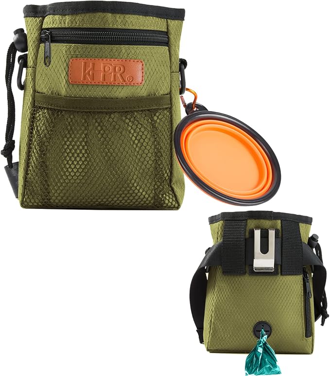 Dog Treat Training Pouch with Built-in Poop Bag Dispenser, Army Green | Easily Carries Pet Toys, Kibble, Treats, 3 Ways to Wear, Foldable Silicone Bowl, Quick One-Hand Access for Dog Walks & Hiking