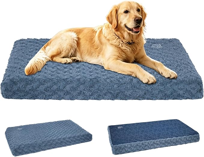 EMPSIGN Dog Bed Mat Crate Pad Mattress, Ultra Soft Pet Kennel, Navy, XL | Reversible(Cool & Warm), Waterproof Linings, Removable Machine Washable Cover, for 42" Dog Crate, Soft Rose Plush/Canvas