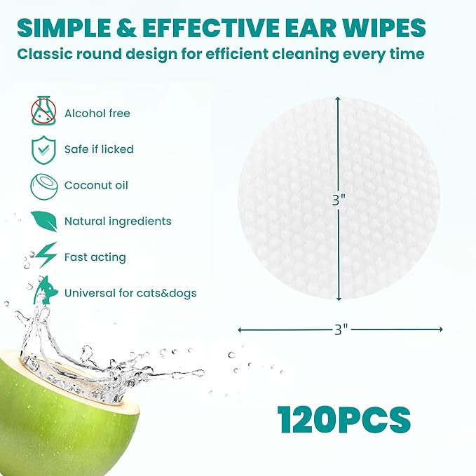 MEDUWEDU Ear Cleaner Wipes 120 Counts, Dog Ear Cleaner, Grooming Kit Care for Dogs and Cats, Soft & Easy Otic Cleaning Pads, Remove Wax, Dirt & Stop Smelly, Itchy, Non-Irritating, Coconut Scent